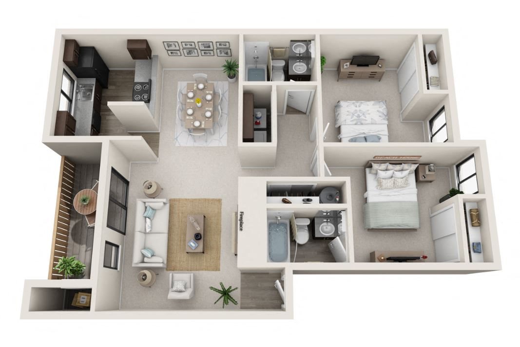 Floor plan for 2 beds, 2 baths, 948 sqft